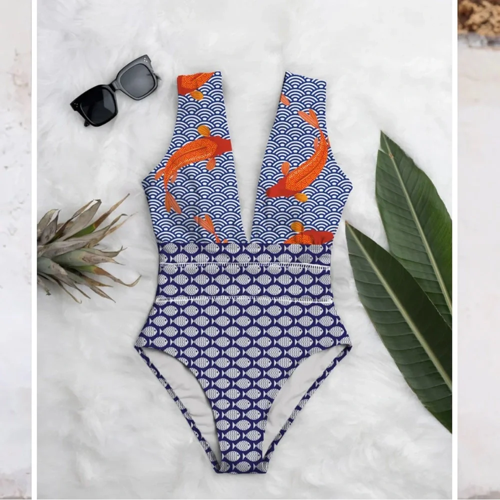 Averie Nirali Plunge One Piece Fish Print Blue Orange - Picture 2 of 6